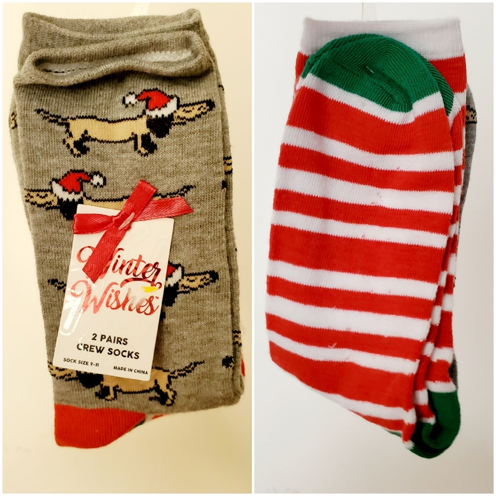 Winter Wishes 2 Pairs Crew Socks Grey and Striped